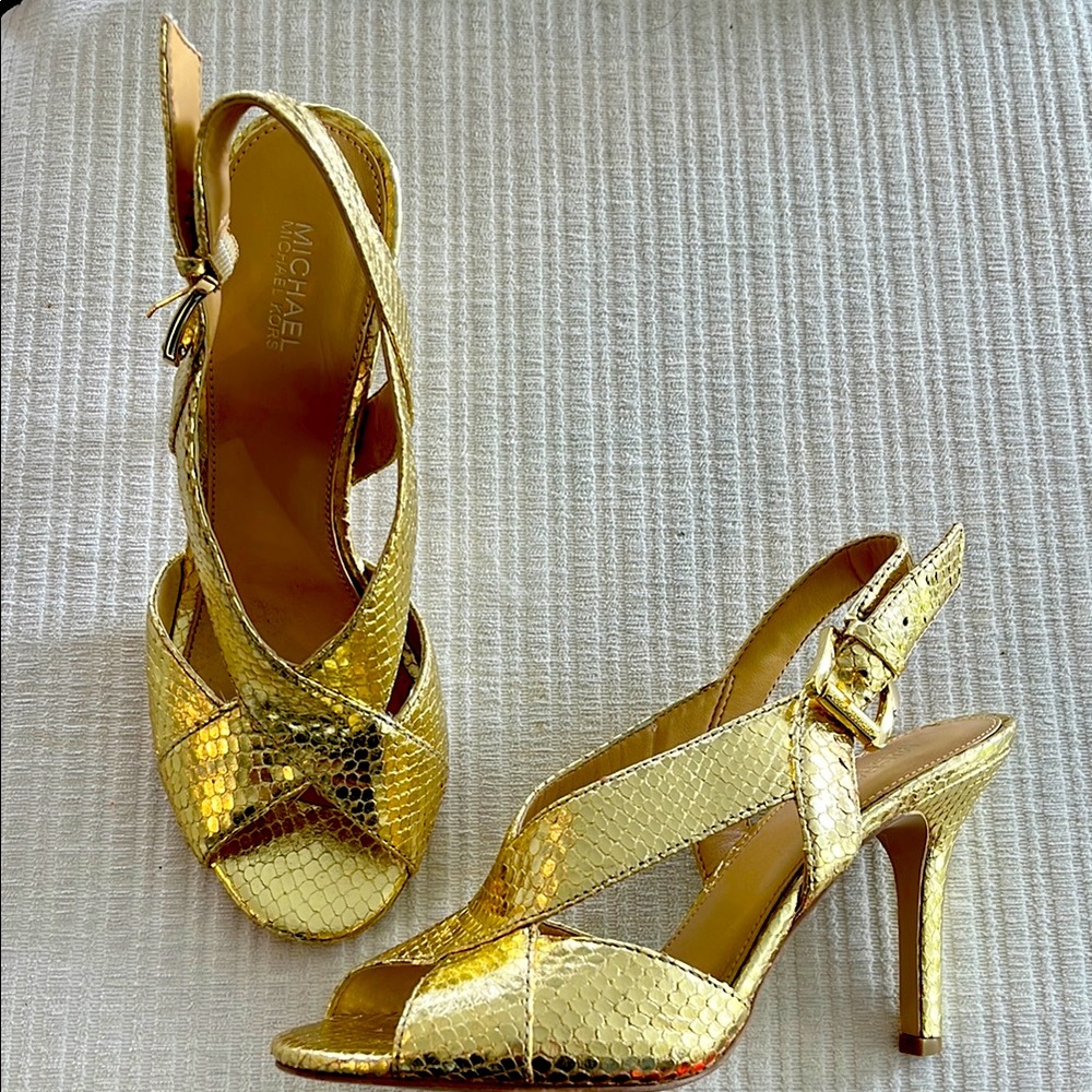 Michael Michael Kors gold snakeskin strappy heels